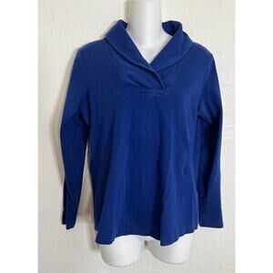 LL Bean Top Womens M Blue Shawl Collar V Neck Long Sleeve Sweatshirt Cotton